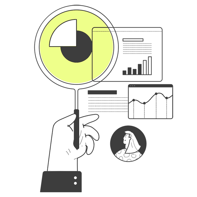 Illustration of a survey and graphs highlighting the health check