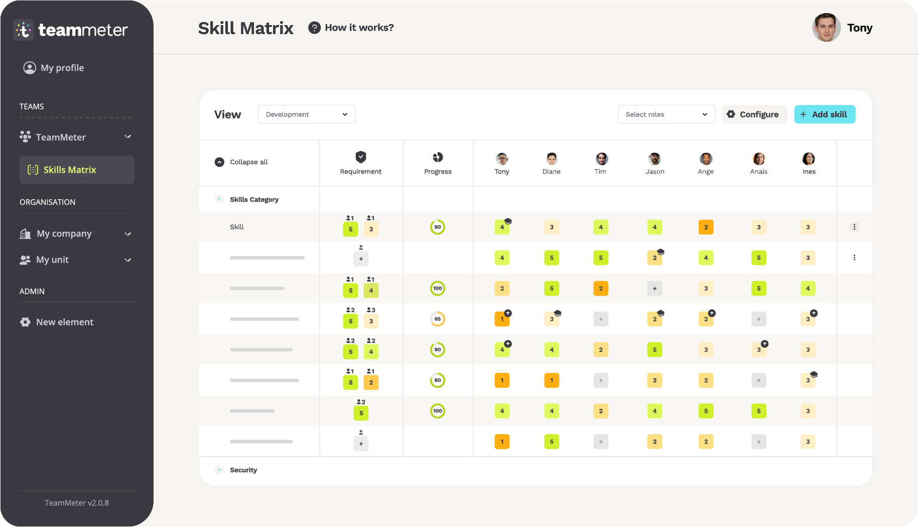 Screen of the skills matrix