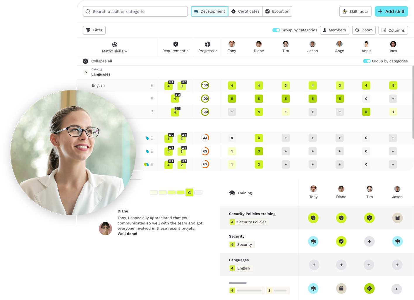 Photographie d'un manager avec différents écrans de Teammeter : la matrice des compétences, la matrice de formation et le retour d'information.
